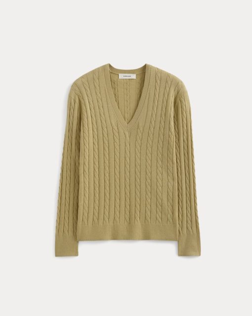 Alternative view of The Cable V-Neck in Cotton Cashmere | Classic Khaki
