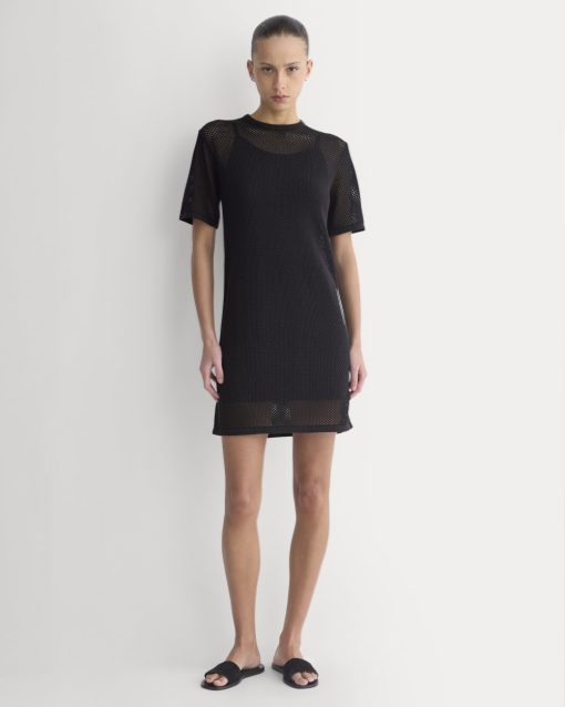 Mesh-Knit Short-Sleeve Dress | Black