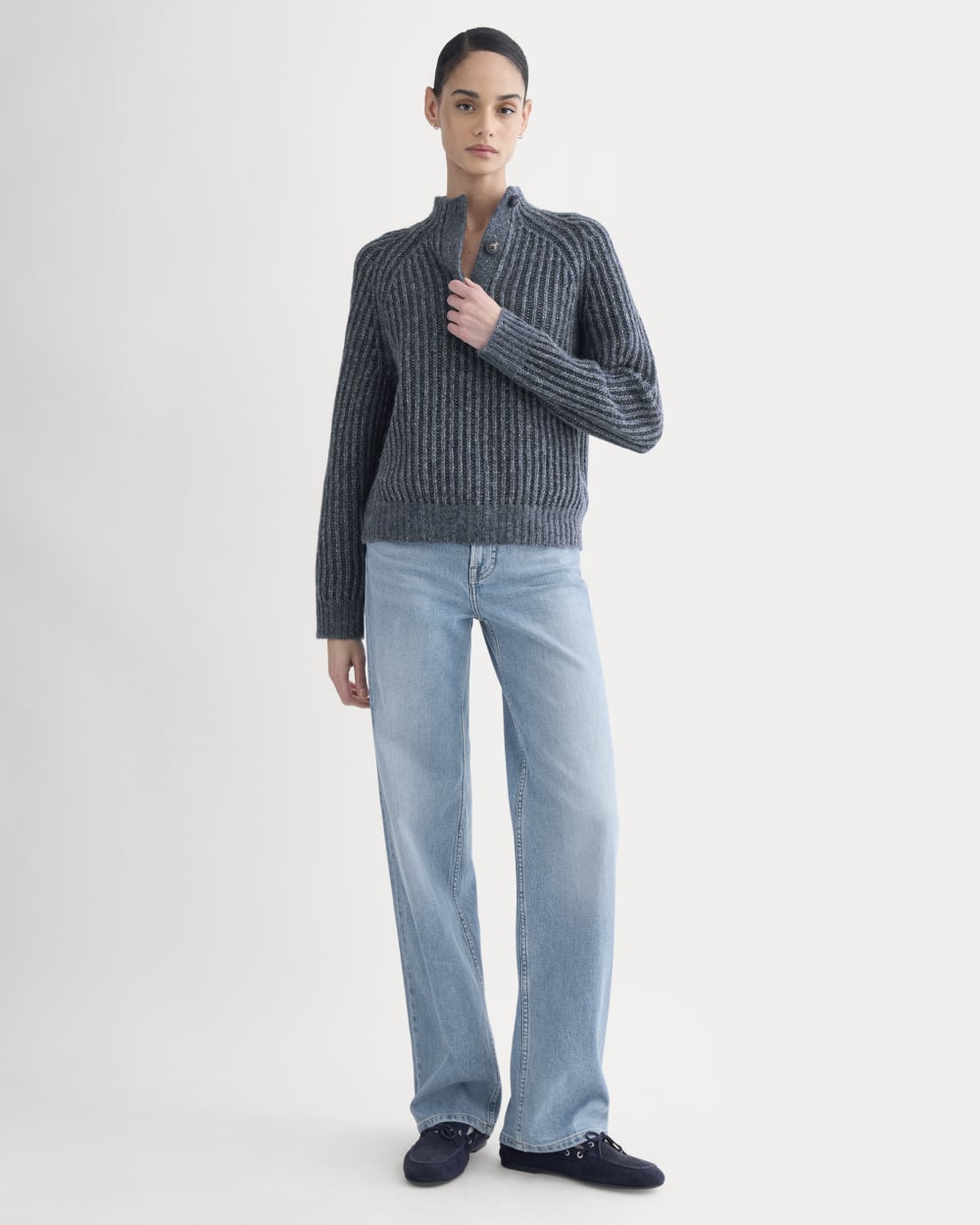 Funnel-Neck Ribbed Henley Sweater | Indigo - Image 3