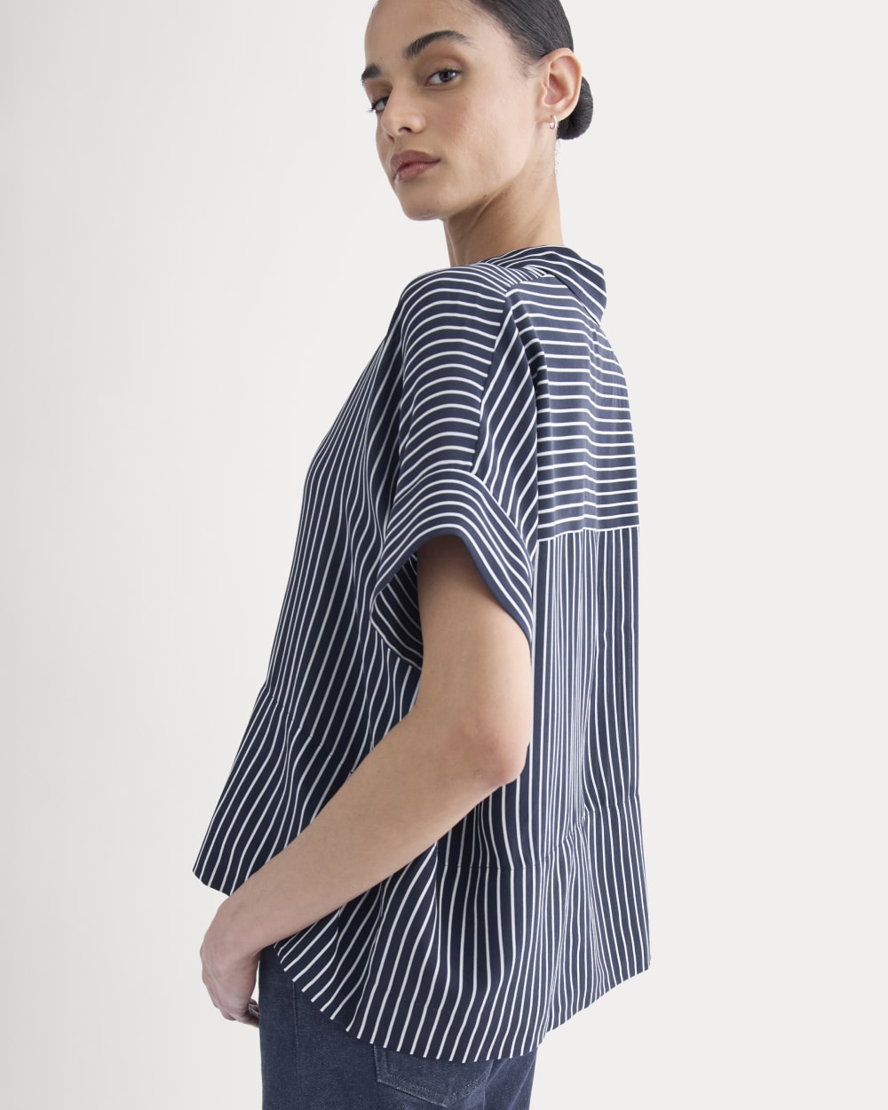 The Boxy Shirt in Washable Silk | True Navy / Bone Stripe - Image 4