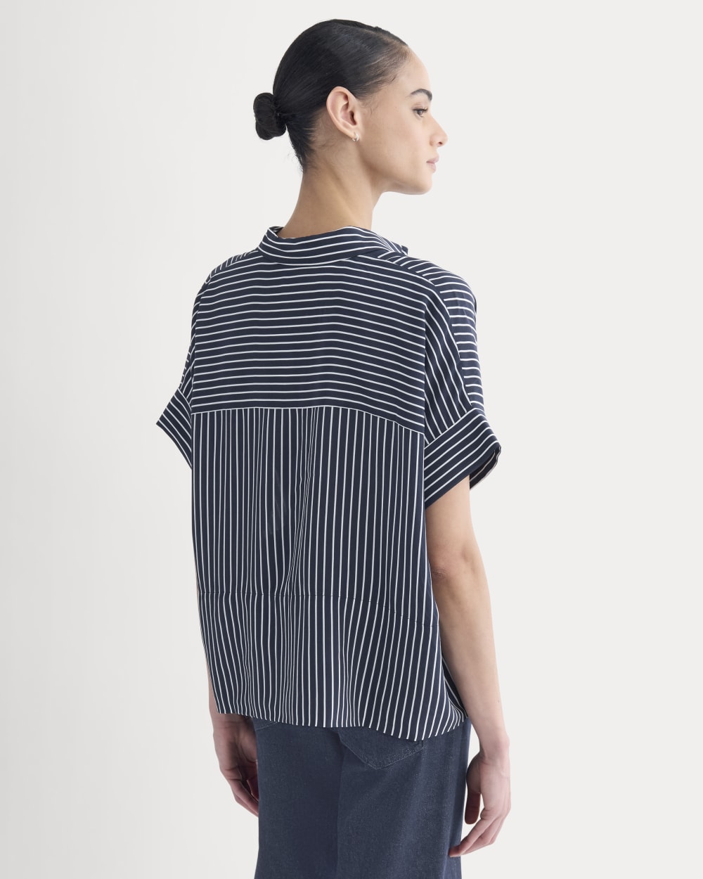 The Boxy Shirt in Washable Silk | True Navy / Bone Stripe - Image 5