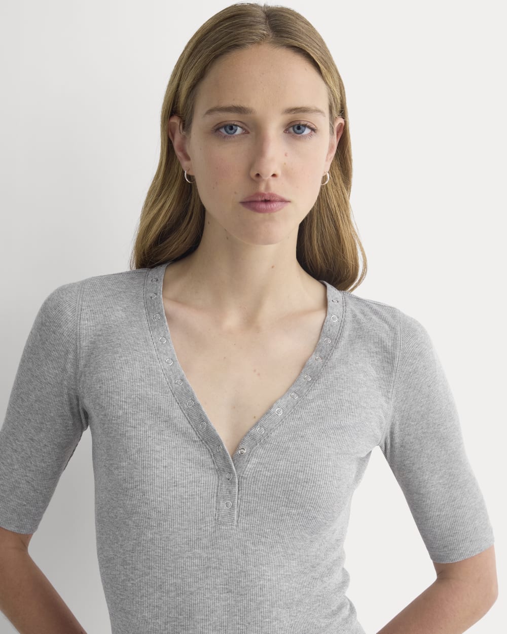 Luxe Rib V-Neck Henley | Heathered Light Grey - Image 4