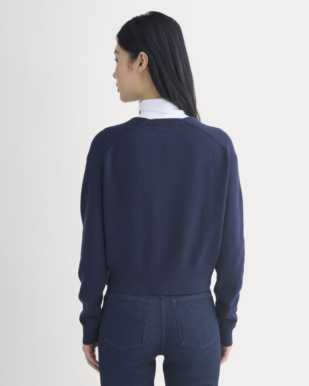 Deep V-Neck Cardigan in Cotton Merino | Navy - Image 5