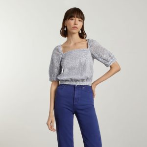 Alternative view of The Eyelet Puff Sleeve Top | Deep Blue / White