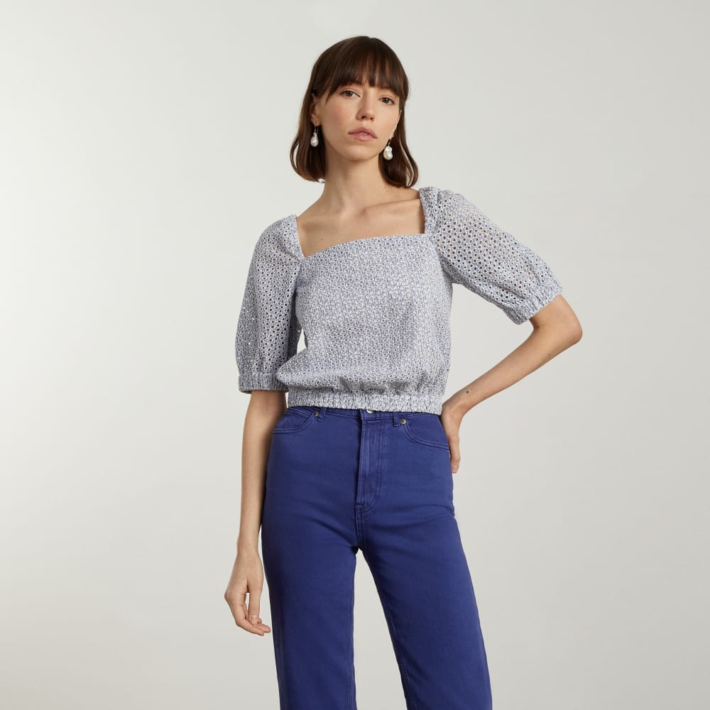 The Eyelet Puff Sleeve Top | Deep Blue / White - Image 2