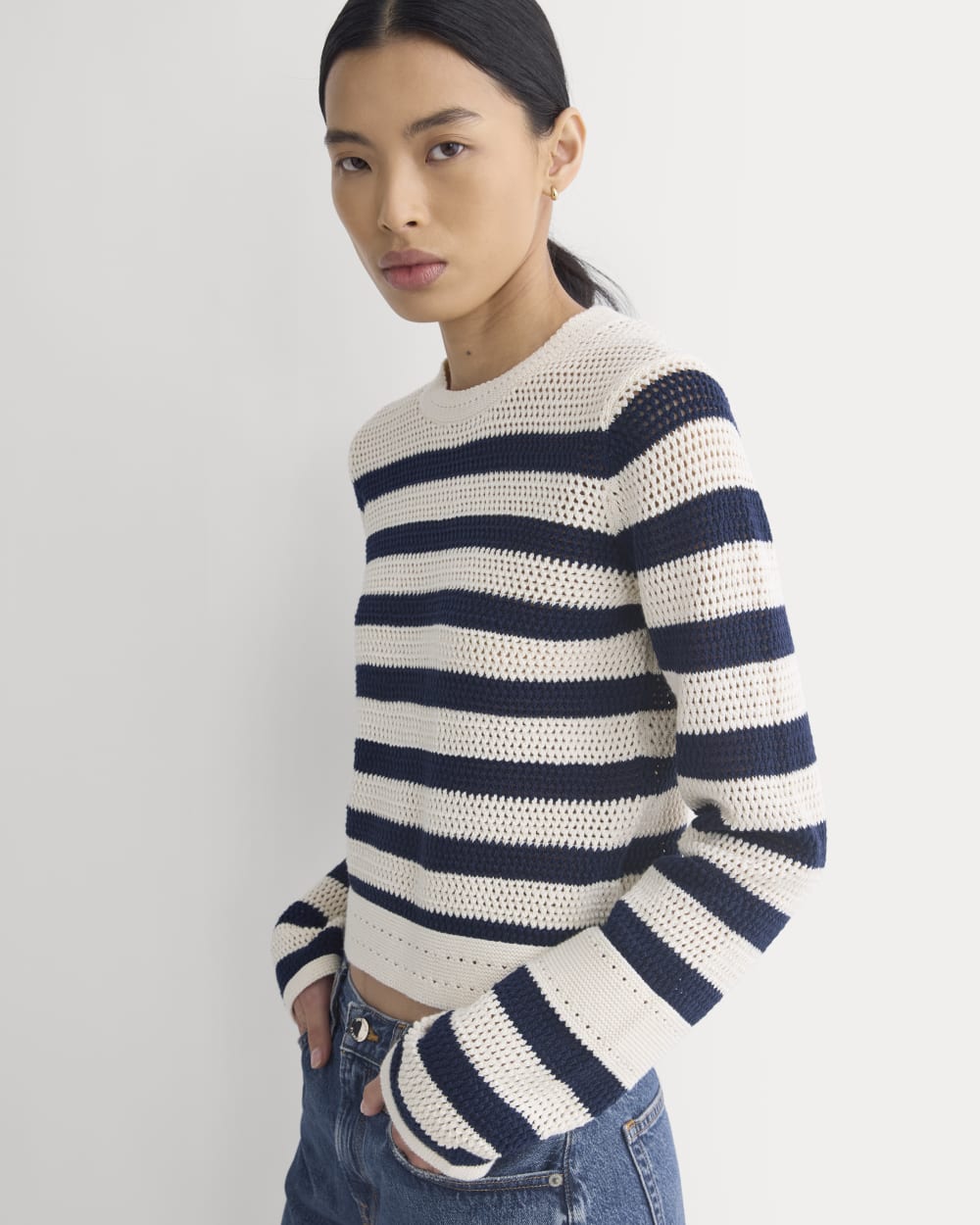 Open Knit Long-Sleeve Crew in Everyday Cotton | Canvas / Navy - Image 4