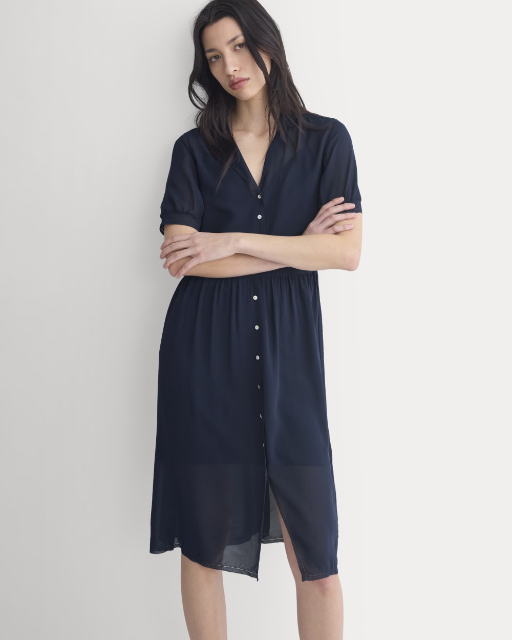 Notch Collar Shirtdress in Silk Georgette | Navy - Image 3