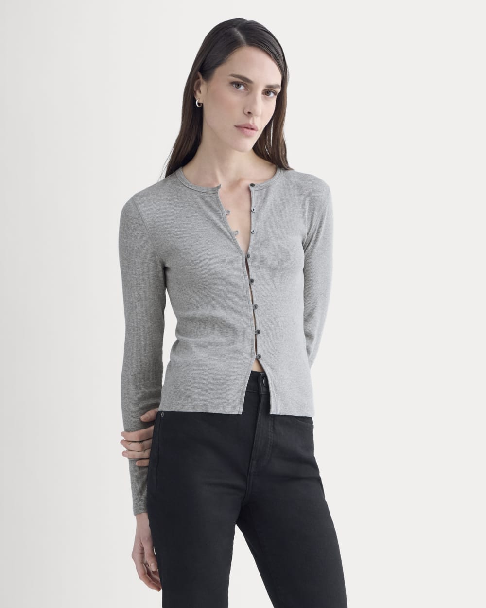 Luxe Rib Button-Up Top | Heathered Light Grey - Image 3