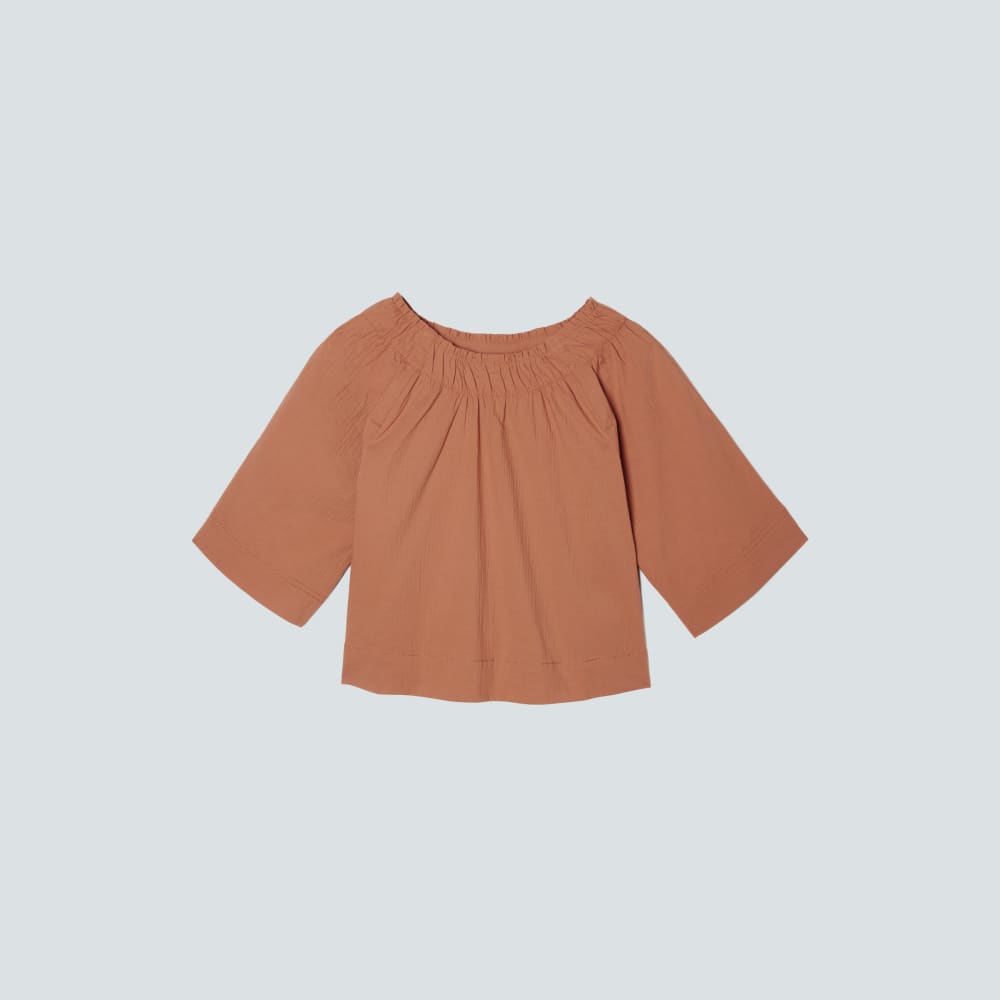 The Seersucker Gathered Tee | Tawny Brown - Image 2