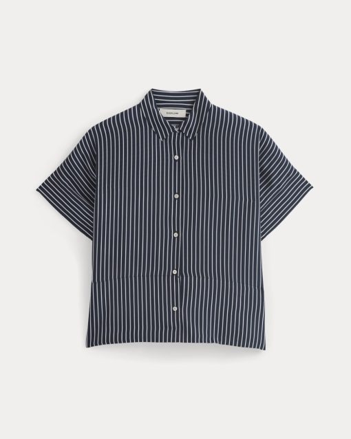 Alternative view of The Boxy Shirt in Washable Silk | True Navy / Bone Stripe