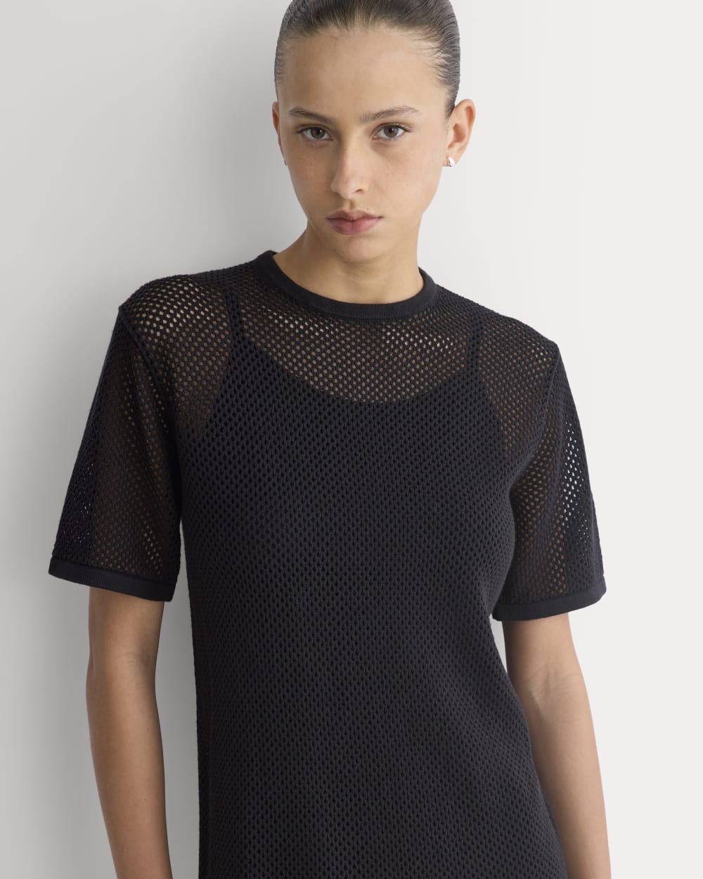 Mesh-Knit Short-Sleeve Dress | Black - Image 3