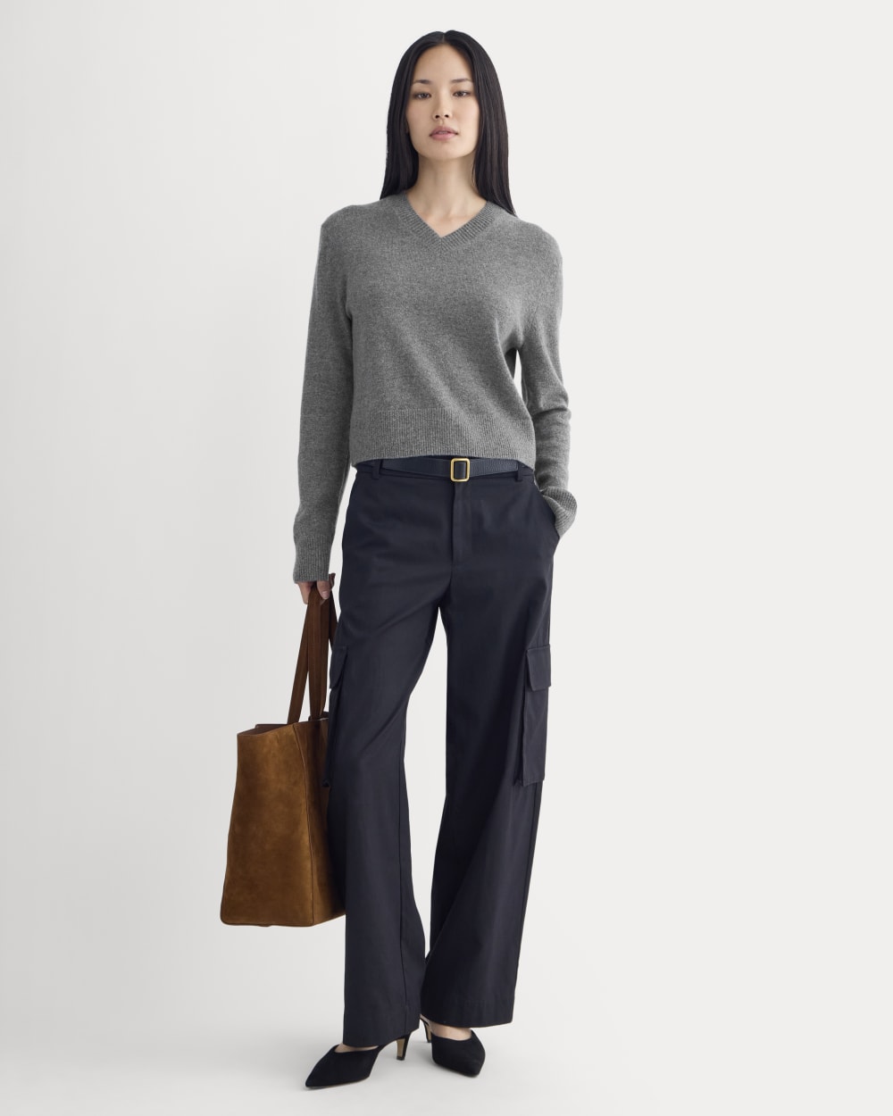 Cashmere Cropped High-V Sweater | Heather Charcoal - Image 6