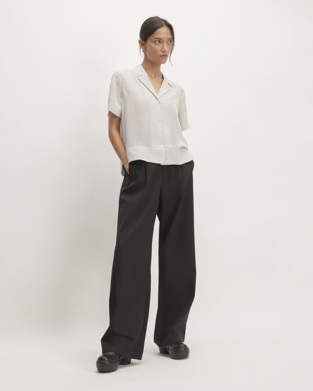 The Notch Shirt in Washable Silk | Bone / Black Polka Dot - Image 3