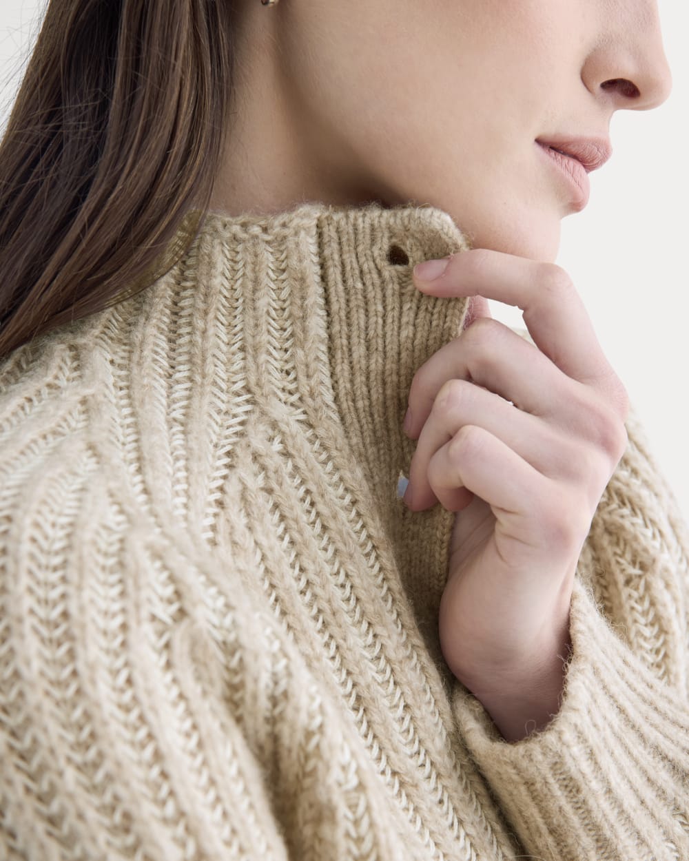 Funnel-Neck Ribbed Henley Sweater | Heathered Almond / Bone Vertical Stripe - Image 4