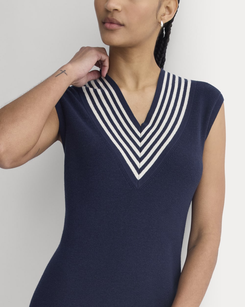 Relaxed V-Neck Midi Sweater Dress in Cotton Merino | Navy - Image 4