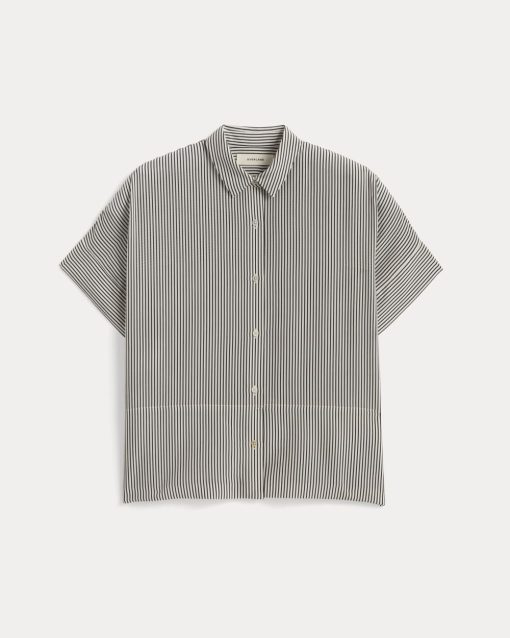 Alternative view of The Boxy Shirt in Washable Silk | Black Micro Stripe