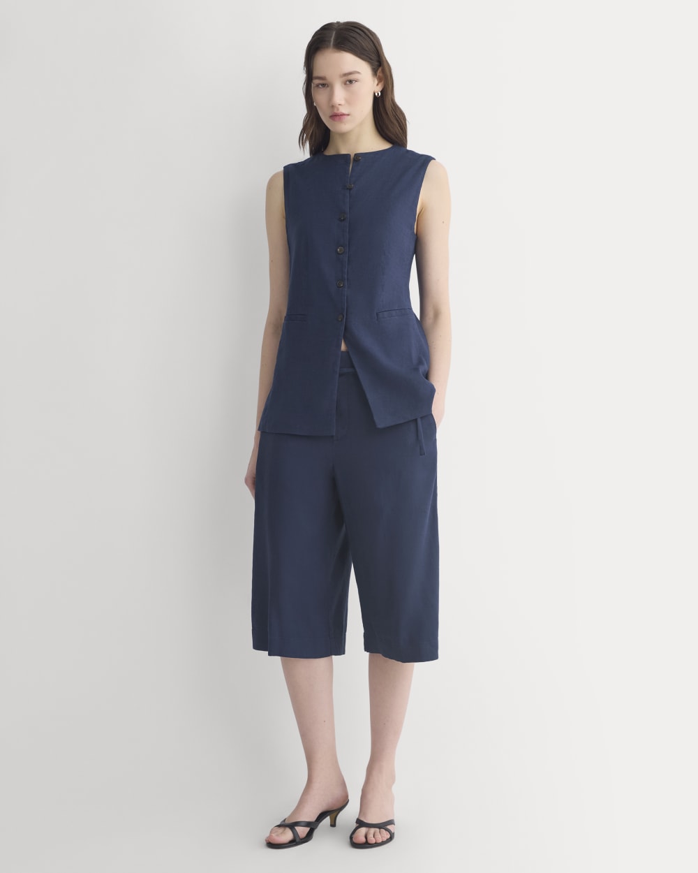 Long Vest in Stretch Linen | Navy - Image 3