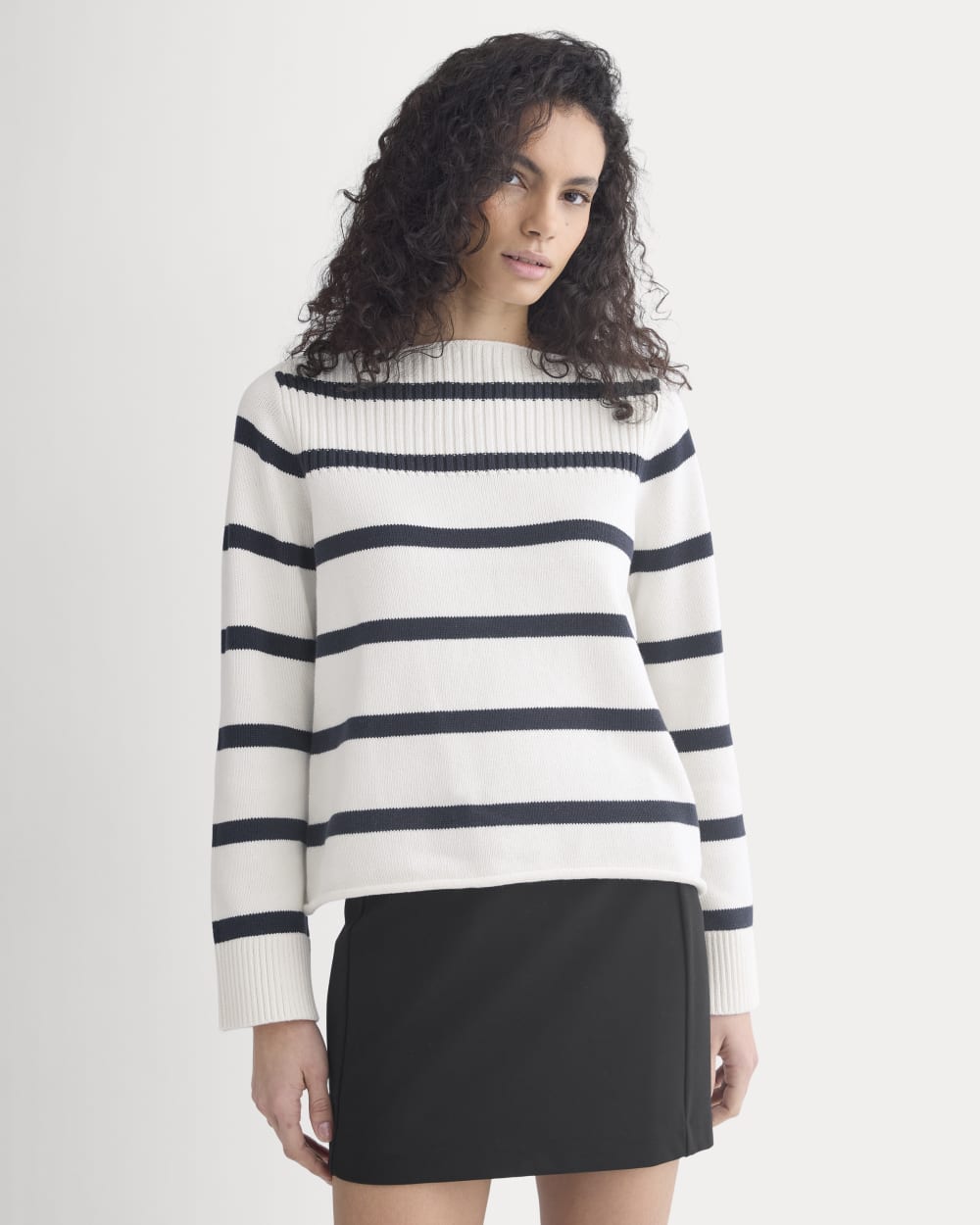 Striped Boatneck Sweater in Everyday Cotton | True Navy/Bone - Image 3