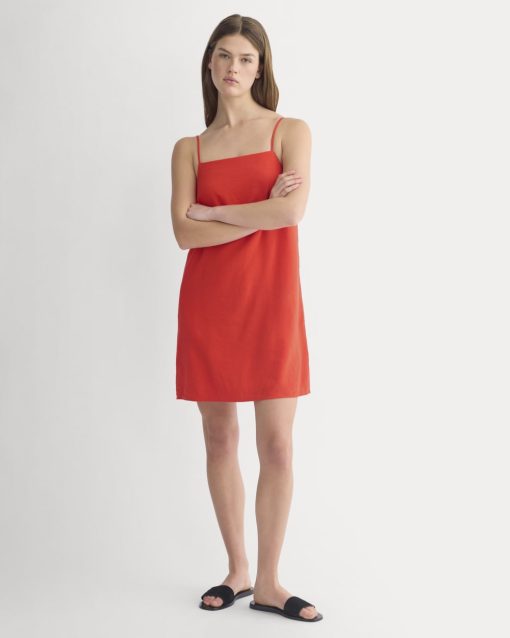 Mini Shift Dress in Stretch Linen | Fiery Red
