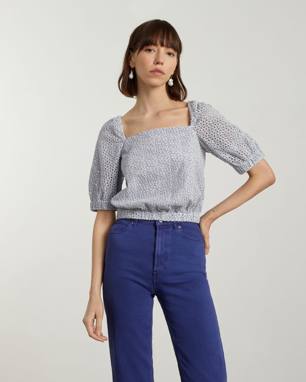 The Eyelet Puff Sleeve Top | Deep Blue / White - Image 3