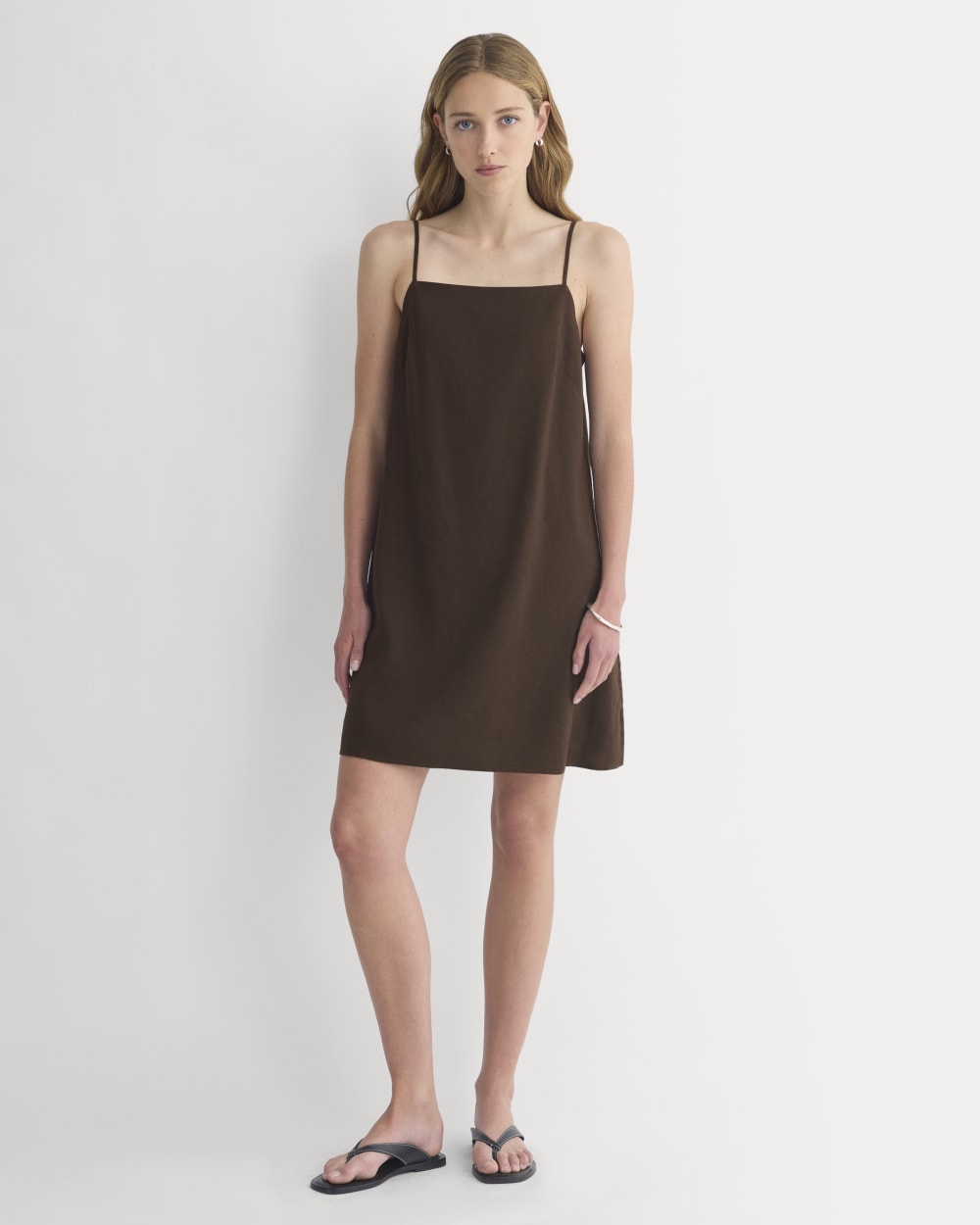 Mini Shift Dress in Stretch Linen | Dark Brown