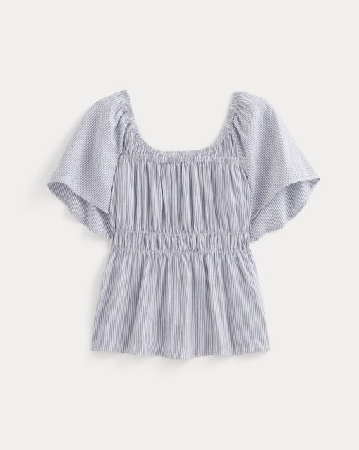 Alternative view of The Flutter-Sleeve Top in Stretch Linen | White / Dutch Blue