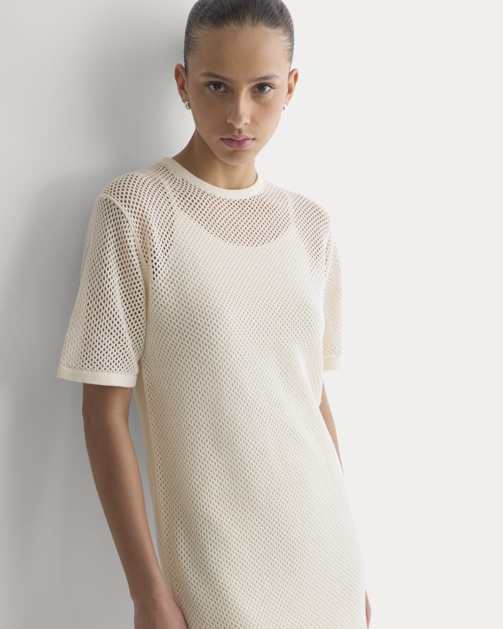 Mesh-Knit Short-Sleeve Dress | Bone - Image 3