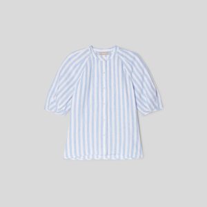 Alternative view of The Linen Puff Sleeve Shirt | Blue / White