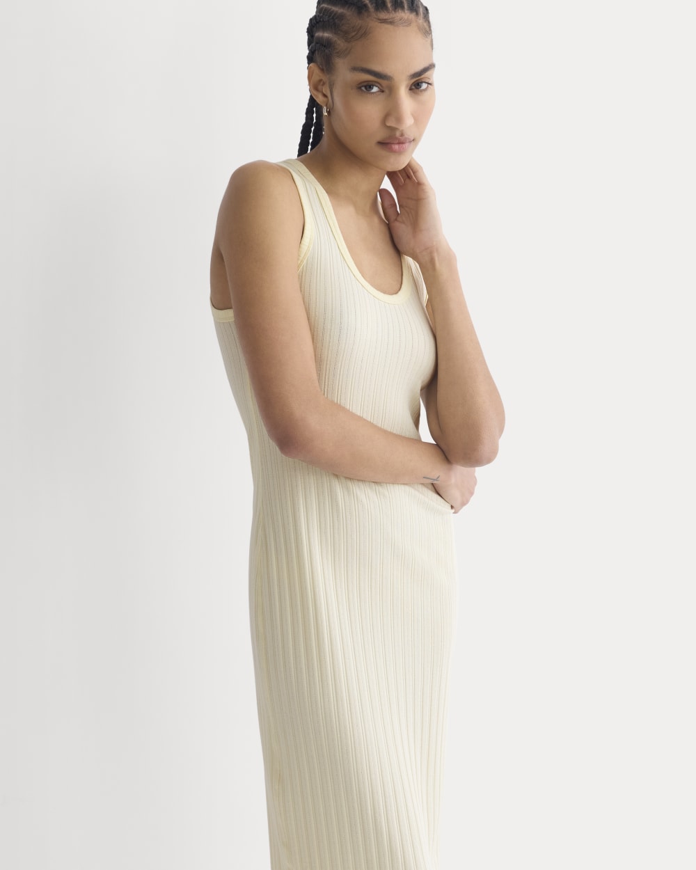 Scoop-Neck Midi Dress in Pointelle Knit | Lemon Icing - Image 5