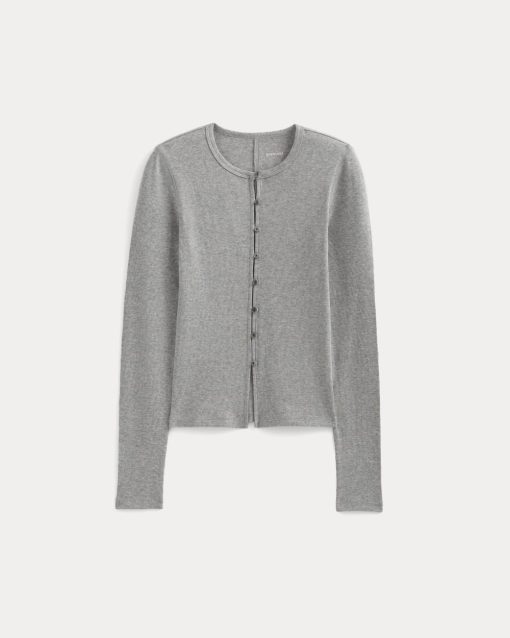 Alternative view of Luxe Rib Button-Up Top | Heathered Light Grey