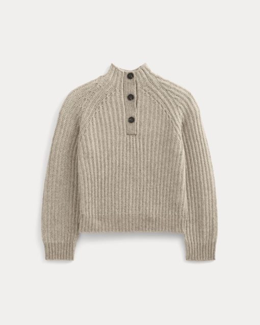 Alternative view of Funnel-Neck Ribbed Henley Sweater | Heathered Almond / Bone Vertical Stripe