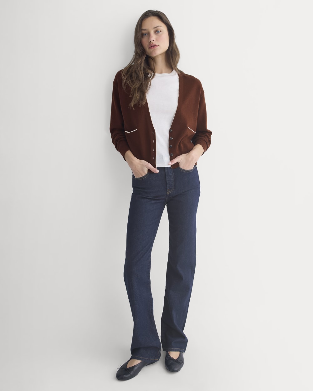Deep V-Neck Cardigan in Cotton Merino | Whipped Cream - Image 3