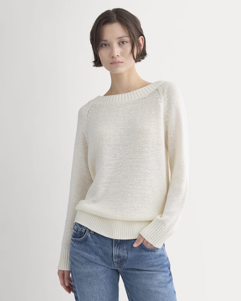 Wide-Neck Crew Sweater in Tape Yarn | Bone - Image 4