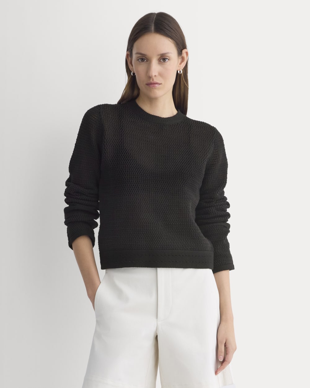 Open Knit Long-Sleeve Crew in Everyday Cotton | Black
