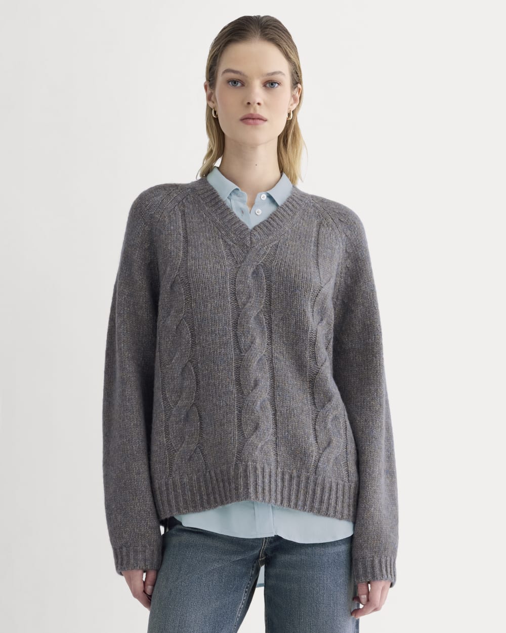 Cloud Cable V-Neck Sweater | Blue Multi Twist - Image 4