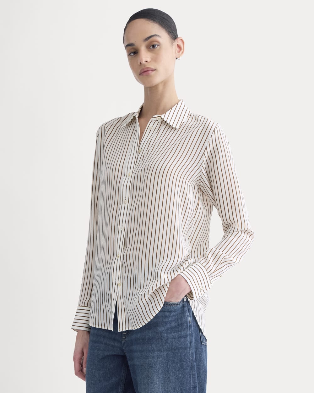 The Must-Have Shirt in Washable Silk | Bone / Toffee Stripe