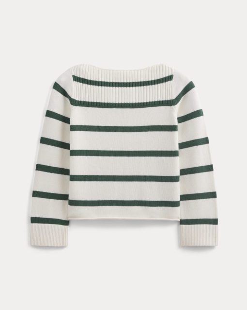 Alternative view of Striped Boatneck Sweater in Everyday Cotton | Hunter Green/Bone